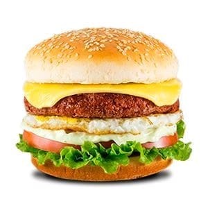 Pão de hambúrguer, carne, queijo prato ou mussarela, ovo e tomate. Não contém alface. Imagem ilustrativa.