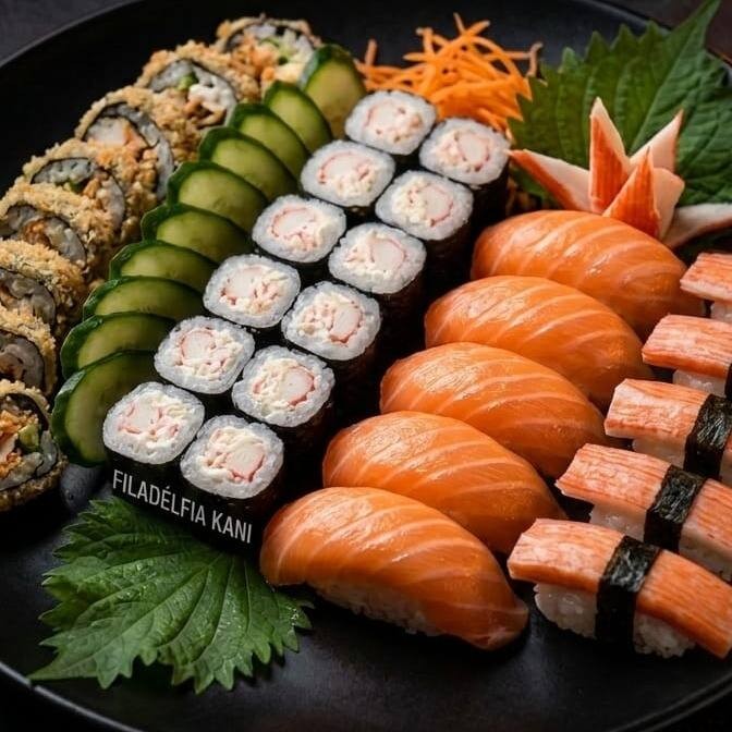 São 12 peças de hot filadélfia skin + 12 peças de kani maki + 05 sushis de kani + 05 sushis de salmão e 2 harumakis de doce de leite ** todos os pedidos serão enviados no barquinho promocional enquanto durarem os estoques.