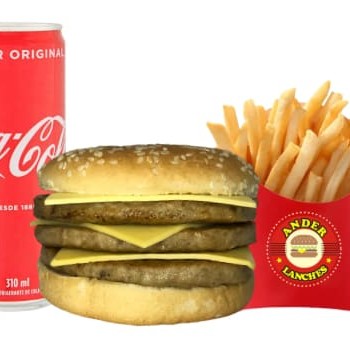 Pão comum, 3 carnes e 3 queijos prato + Coca cola lata e batata frita.