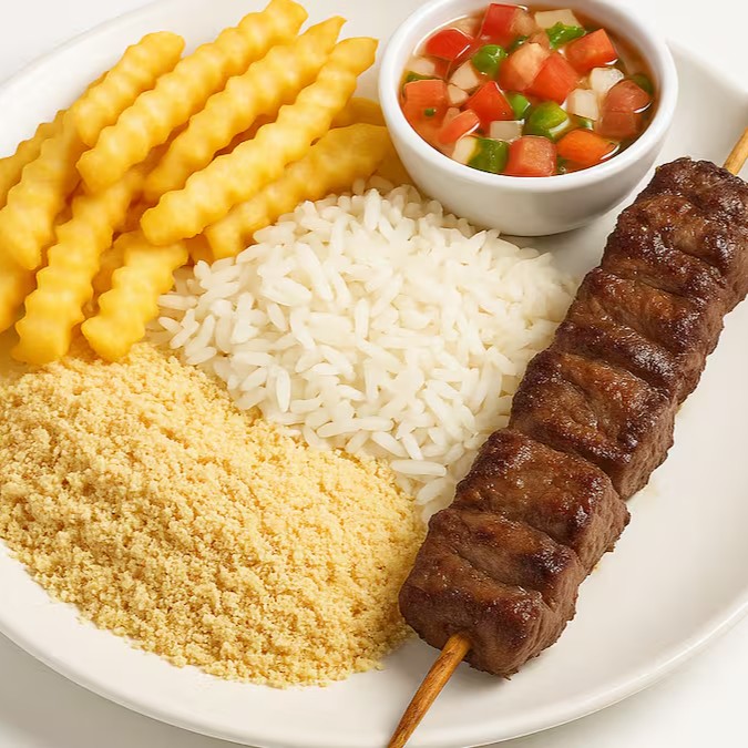 Espetinho Grill: 1 Espeto + Arroz + Farofa + Batata + Vinagrete

Clássico prato com 1 espeto grelhado no ponto, arroz bem feito, farofa crocante, batata frita e vinagrete. Sabor caseiro e irresistível