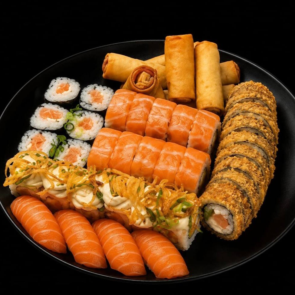Uma seleção exclusiva para os apreciadores do salmão, composta por 2 harumakis de camarão, 6 joes de salmão com alho-poró crispy, 4 nigiris de salmão, 6 philadelphias de salmão, 10 Ura Premium (uramaki skin finalizado com lâmina de salmão) e 10 hots de salmão. Para encerrar a experiência, acompanha 2 harumakis doces variados