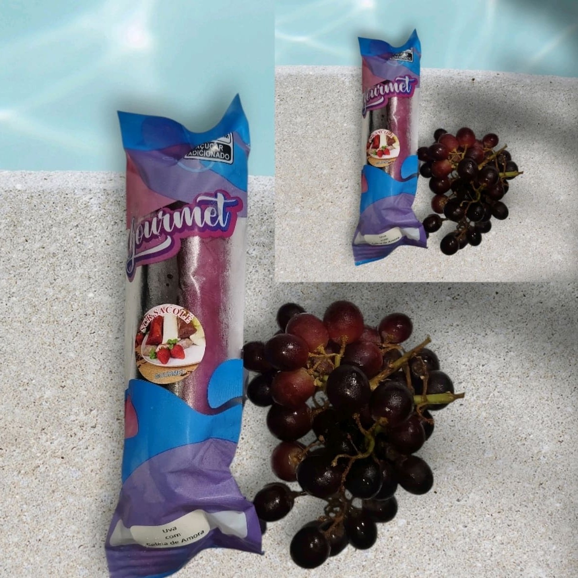 Sacolé Gourmet de Uva muito cremosa com geleia de amora, ótima opção para quem aprecia sabor e qualidade.