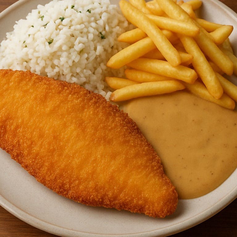 Filé de tilápia empanada, crocante por fora e macia por dentro. Servido com fritas ou purê, pirão e arroz branco.