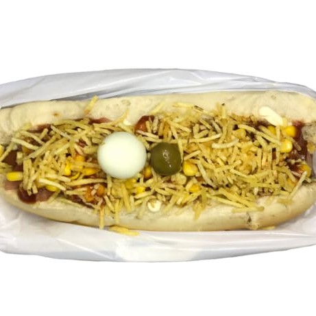 Pão, linguiça, tomate, cebola, milho, ketchup, mostarda, maionese, queijo ralado, batata palha, ovo de codorna e azeitona.