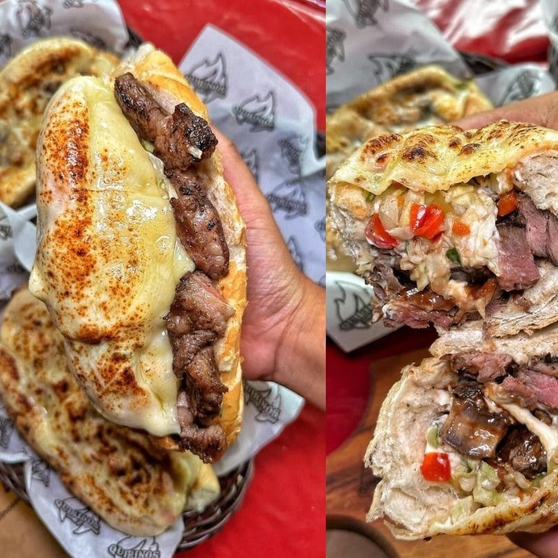 Baguete de 15 a 20cm com parmesâo, 200G DE PICANHA, VINAGRETE, MAIONESE DEFUMADA DA CASA E QUEIJO GRATINADO.