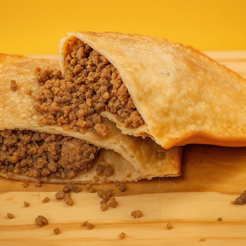Pastel de patinho moído, temperado, com até 15% de gordura.