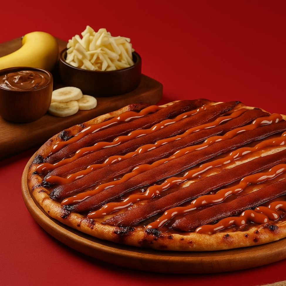 Desfrute da nossa Pizza Média - Banana Especial, um verdadeiro deleite dentro da categoria 'Jantar Bom e Barato'. Com 30cm de puro prazer, esta pizza é coberta com um suave creme de leite, combinado com fatias de banana frescas, delicadamente polvilhadas com açúcar e canela. Para dar um toque final de sofisticação e sabor, adicionamos chocolate branco tostado, que derretem na boca, e um generoso fio de doce de leite. Este é um prato que promete uma experiência gastronômica inesquecível, unindo o doce e o cremoso de maneira harmoniosa.