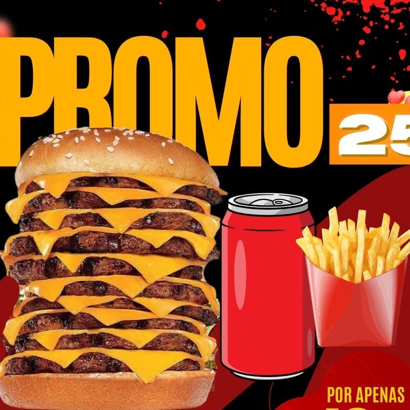 Pão, 10 Carnes, Cheddar, Bacon, Calabresa, barbecue , Cebola Caramelizada, maionese de alho, requeijão e batata palha + refrigante lata , + 1 Batata pequena