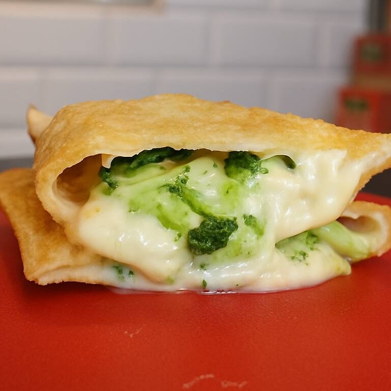 Brócolis al dente, queijo mussarela e alho torrado. Massa de 21cm sequinha e crocante frita no óleo de algodão.  Pastel grande e bem recheado como deve ser.