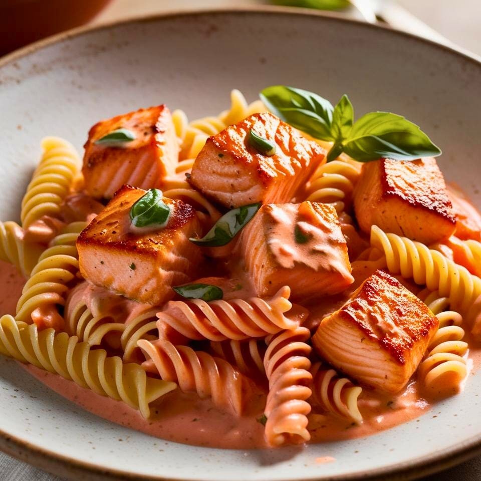 Fusilli com Cubos de Salmão ao Molho Rosé Cubos suculentos de salmão grelhado, servidos com fusilli fresco e molho rosé cremoso à base de tomate artesanal e creme de leite. Finalizado com manjericão fresco, é a escolha perfeita para quem busca leveza e sabor.  Comida Italiana, Massas Artesanais, Culinária Italiana, Penne, Espaguete, Gnocchi, Risoto De Salmão, Polenta Italiana, Frango Parmegiana, Salmão Grelhado, Batata Frita, Coca Cola, Guaraná Antártica, Entrega Gratis.