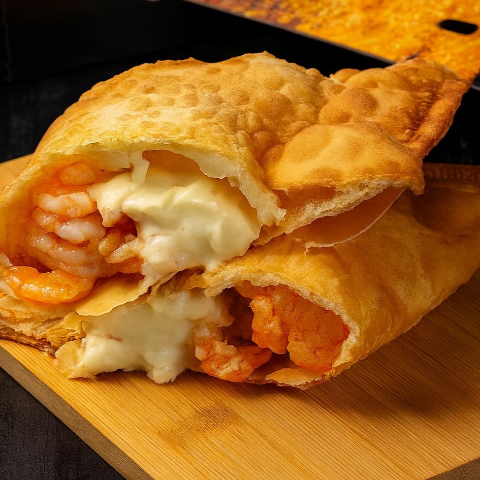 A textura delicada do camarão encontra a cremosidade do Catupiry, proporcionando uma experiência gastronômica única e saborosa.  Pastel com aproximadamente 19cm.