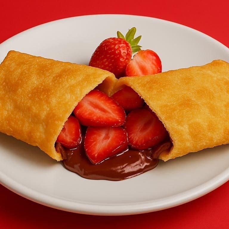 Pastel com massa artesanal crocante com recheio de chocolate com morango