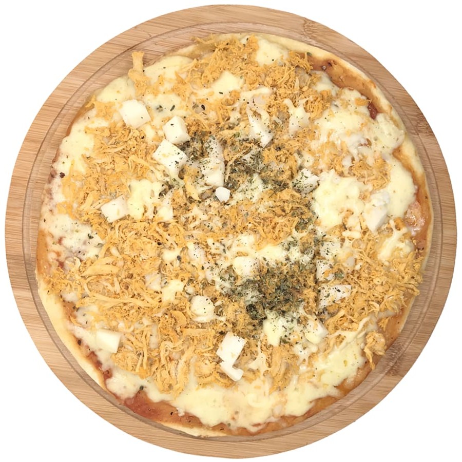 Mussarela, molho de tomate, frango, palmito, provolone e orégano