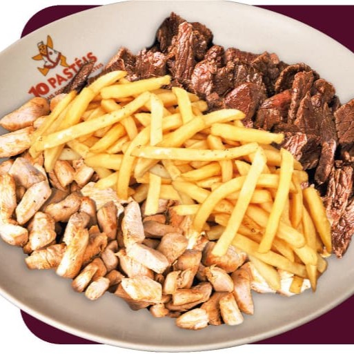 Frango em tiras + Batata frita + Carne em tiras preparado na hora