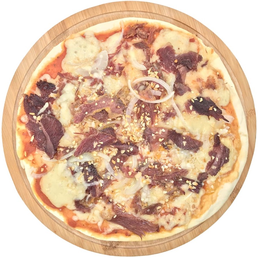 Mussarela, molho de tomate, carne seca, alho dourado manteiga, cebola e orégano.