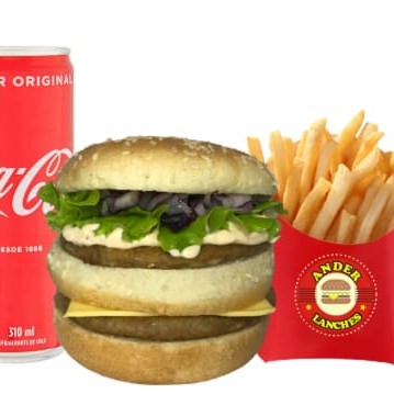 Pão duplo, 2 carnes, 1 queijo prato, molho especial, alface e cebola + Coca cola lata e batata frita.