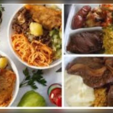 Arroz, feijão farofa e fritas.