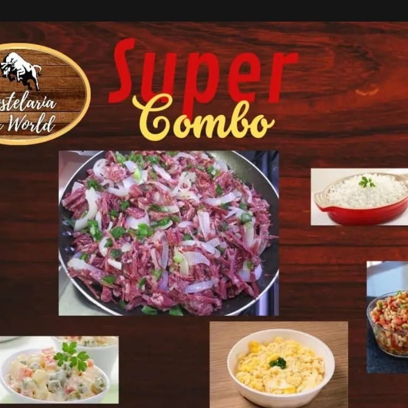 Super Combo: Carne seca desfiada acebolada + arroz branco + feijão fradinho em salada fria + farofa com ovos + salada de maionese! Porções bem generosas para duas pessoas! Super promoção! Tempero caseiro! Imagem meramente ilustrativa