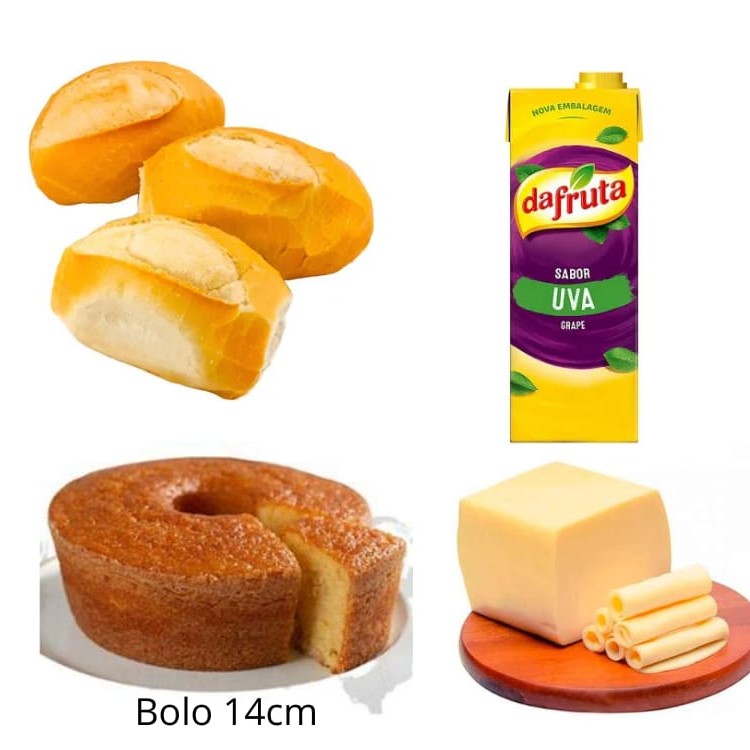 Combo 2 5 Pães Francês  100g mussarela Bolo de 14cm  é do Dia. * Suco Dafruta 1 litro ** * O sabor do bolo disponível no Dia. ** O sabor do suco disponível (laranja, goiaba, uva e maracuja)