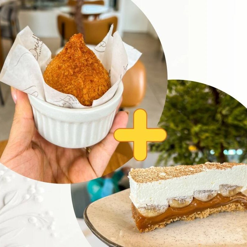 Nossa crocante Coxinha de frango com Catupiry com a nossa campeã de vendas, a deliciosa Banoffe