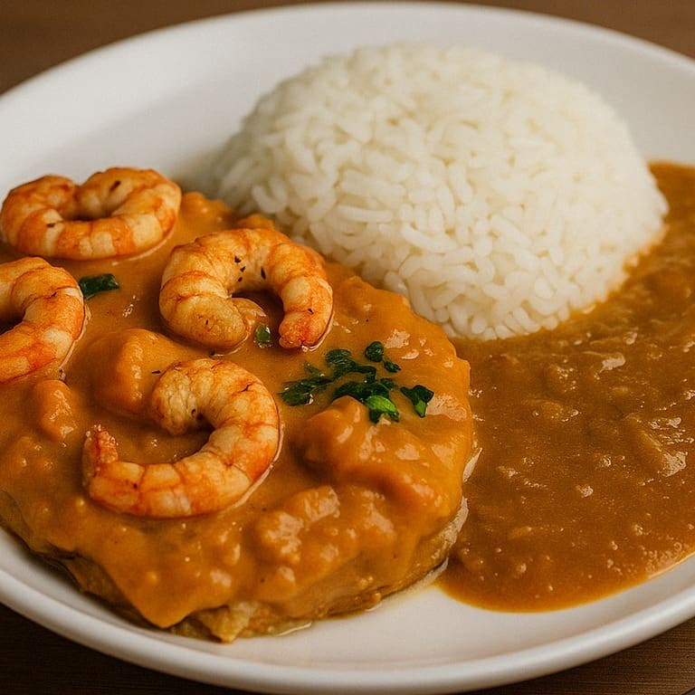 Tilápia empanada coberta com molho de camarão. Uma combinação que surpreende. Acompanha fritas ou purê, pirão e arroz branco.