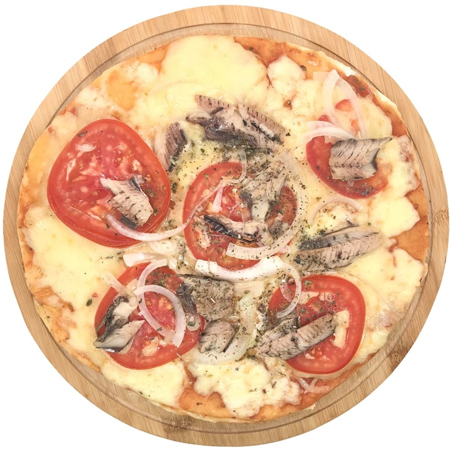 Mussarela, molho de tomate, sardinha, tomate, cebola e orégano.