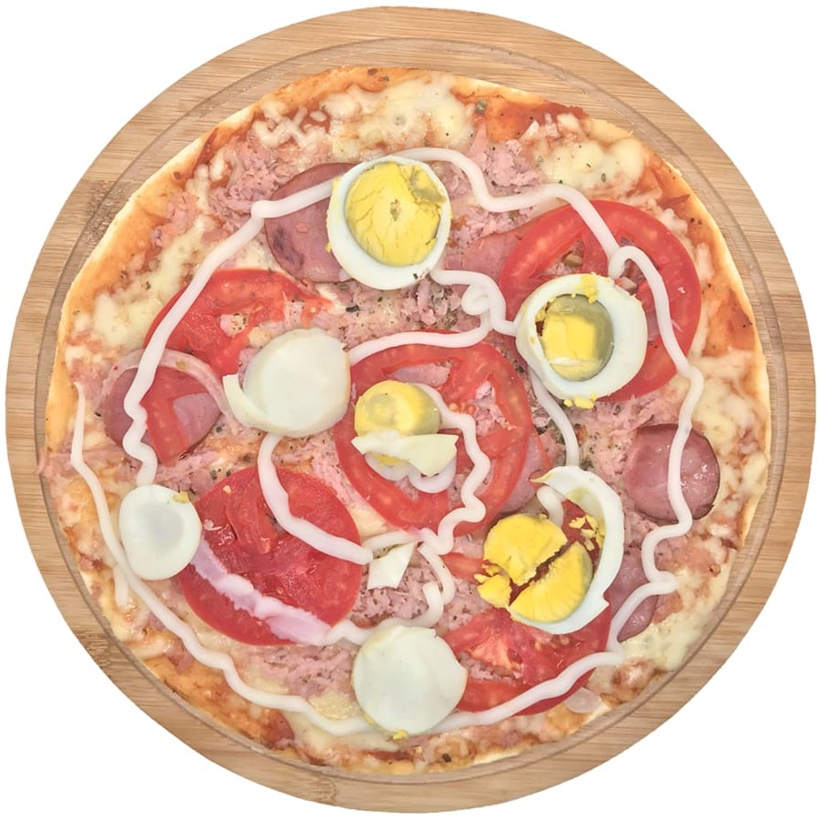 Mussarela, molho de tomate, calabresa, presunto, ovos, tomate, Catupiry e orégano.