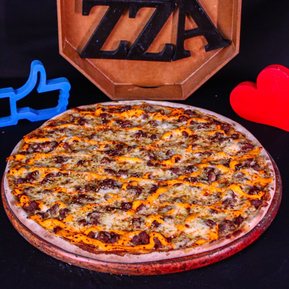 Mussarela, Contra filé, Cheddar, Barbecue, Alho torrado, Orégano