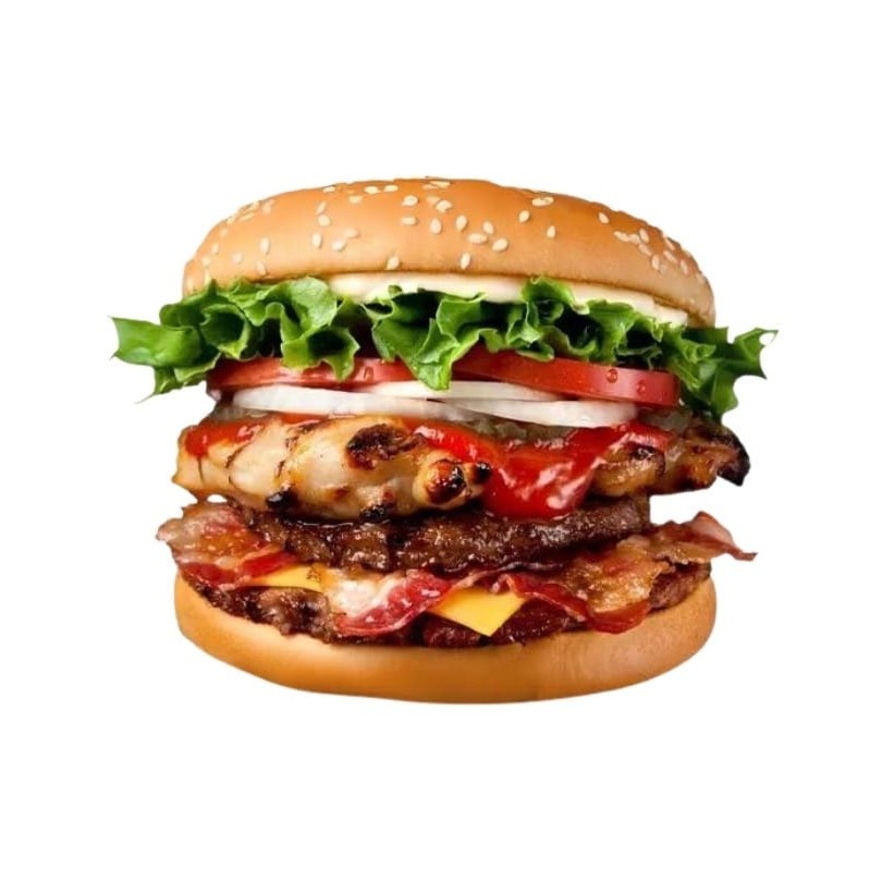 2 carnes , 2 quejos cheddar, Calabresa, Bacon, molho e salada