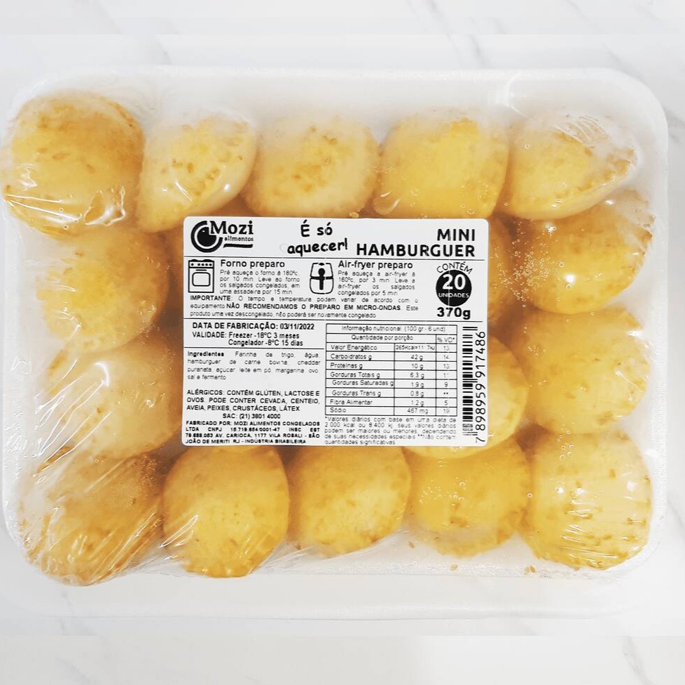 Bandeja de salgado pré assado congelado sabor hamburger com 20 unidades.