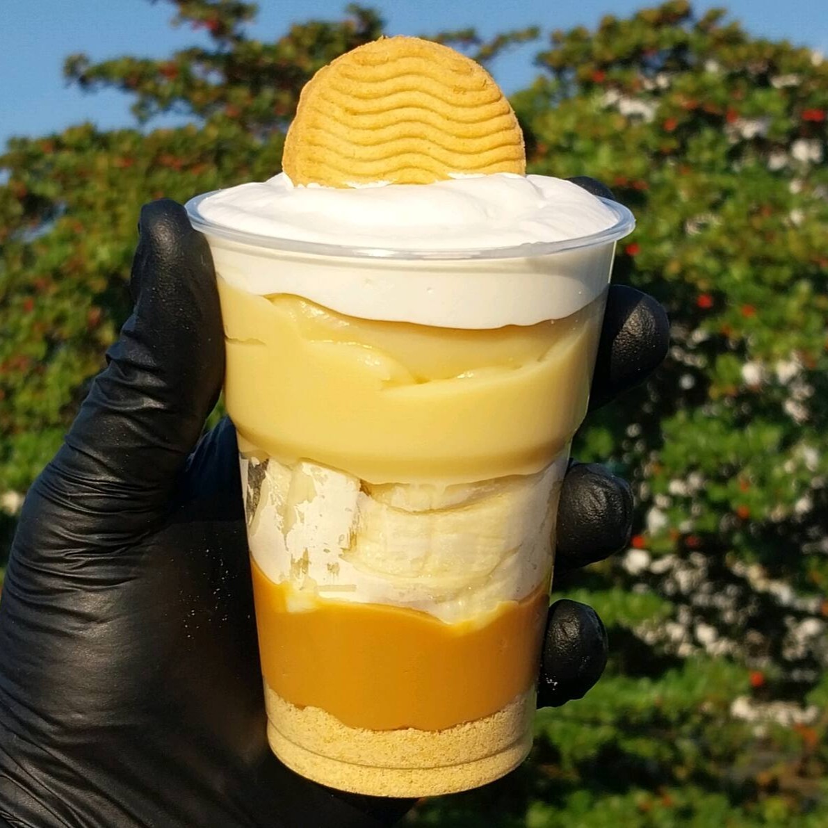 Copo de 200 ml recheado com farofa de biscoito maisena , doce de leite caseiro , bananas in natura , creme de leite ninho e finalizado com nosso mousse de leite ninho