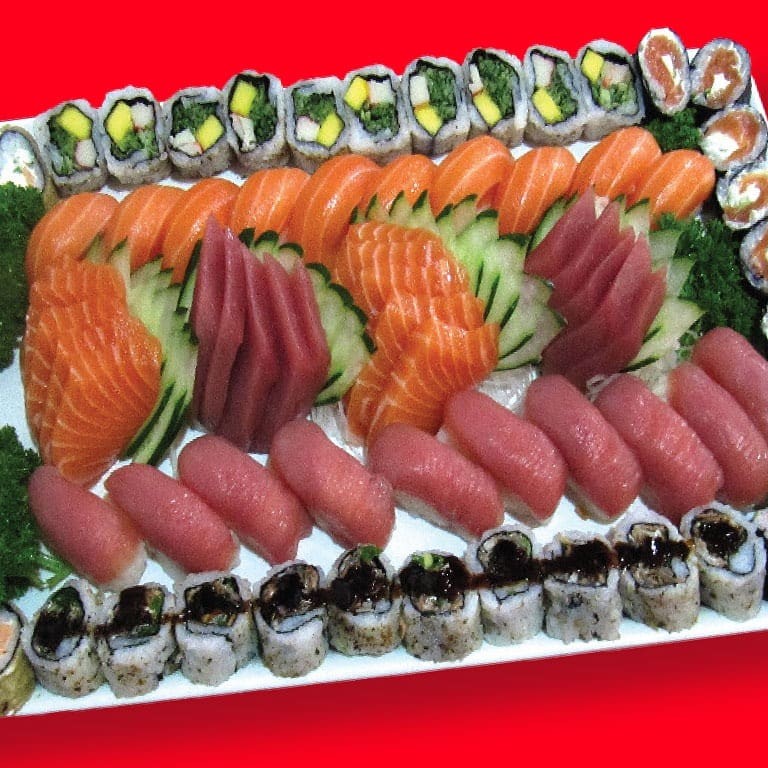 10 sashimi salmão, 10 sashimi atum, 10 sushi salmão, 10 sushi atum, 10 hot filadélfia, 10 califórnia, 10 skin roll, 10 filadelfia