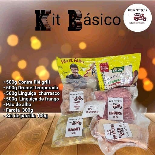 Kit para 5 pessoas - 500g. Contra filé grill, 500g Drumet temperada, 500g. Linguiça de churrasco, 500g. Linguiça de frango, 1 pct de pão de alho, 1 pct farofa 300g. Sal de Parrilla 100g. Carvão 3 kg.