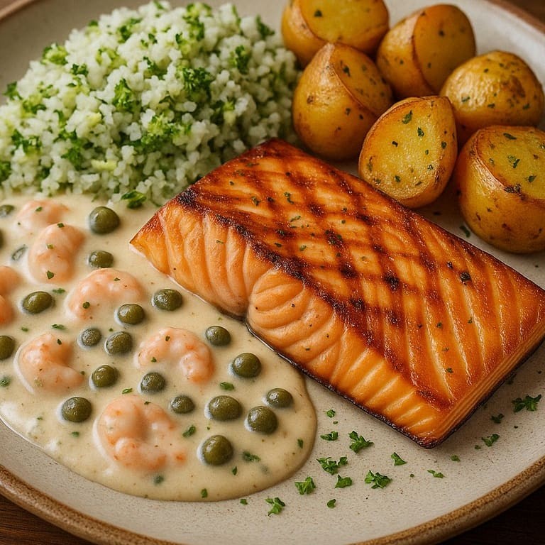 Salmão grelhado no ponto perfeito, acompanhado de arroz de brócolis, batatas coradas e molho de camarão com alcaparras. Ideal para quem busca sabor com sofisticação.