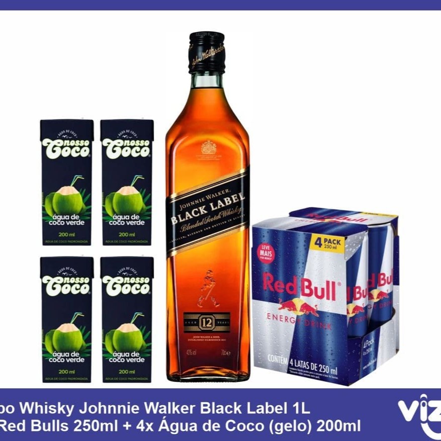 Desfrute de um combo premium que une o renomado Whiskey Johnnie Walker Black Label de 1 Litro com a poderosa energia de 4 latas de Red Bull de 250ml e mais 4 águas de coco em formado de gelo de 200ml. Este combo exclusivo oferece a combinação perfeita entre o sabor distinto e a qualidade superior do whiskey de, no mínimo, 12 anos vindos dos quatro cantos da Escócia e a energia revigorante do energético favorito do mundo. #whisky#Johnnie#Walker#Black#Label#com#energetico #redbullwhisky #aguadecoco #gelodecoco #comboenergetico #verao #drinktropical #whisky #redbull #aguadecocoemgelo #vibeenergetica #energetico #coquetel #bebida #gelo #tropical #festa #rolê #drink.