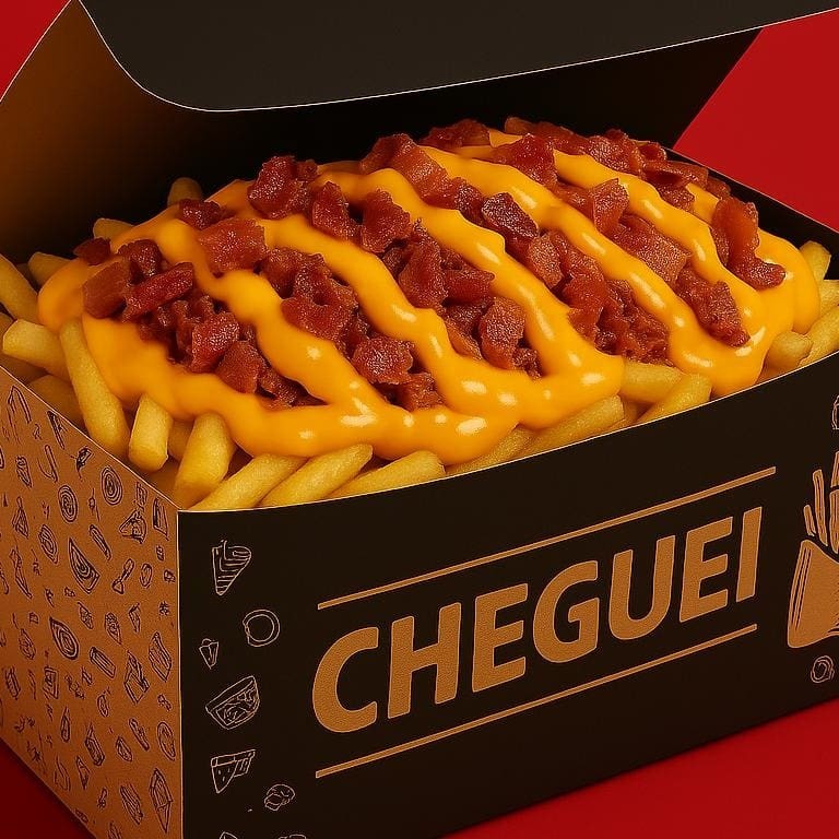 Batata frita acompanhada de queijo cheddar cremoso e pedaços de bacon.