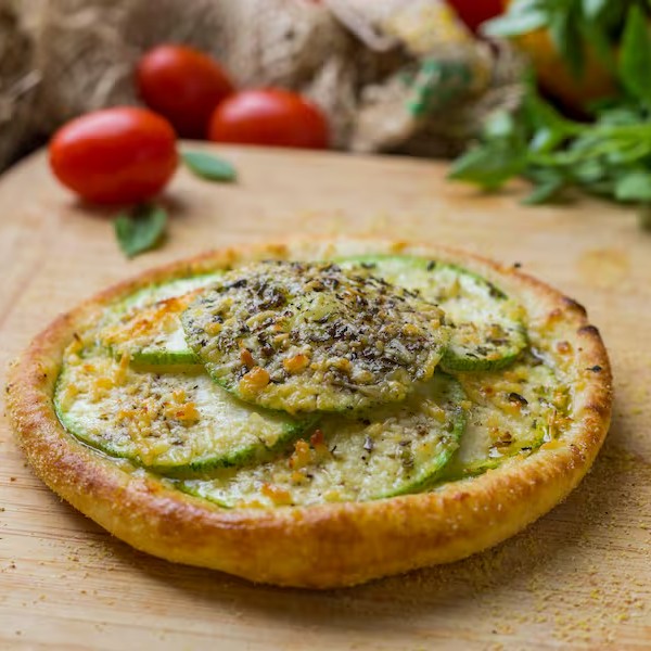 Mussarela, abobrinha levemente temperada e polvilhada de parmesão e orégano. Produto linha Saudável / Fitness