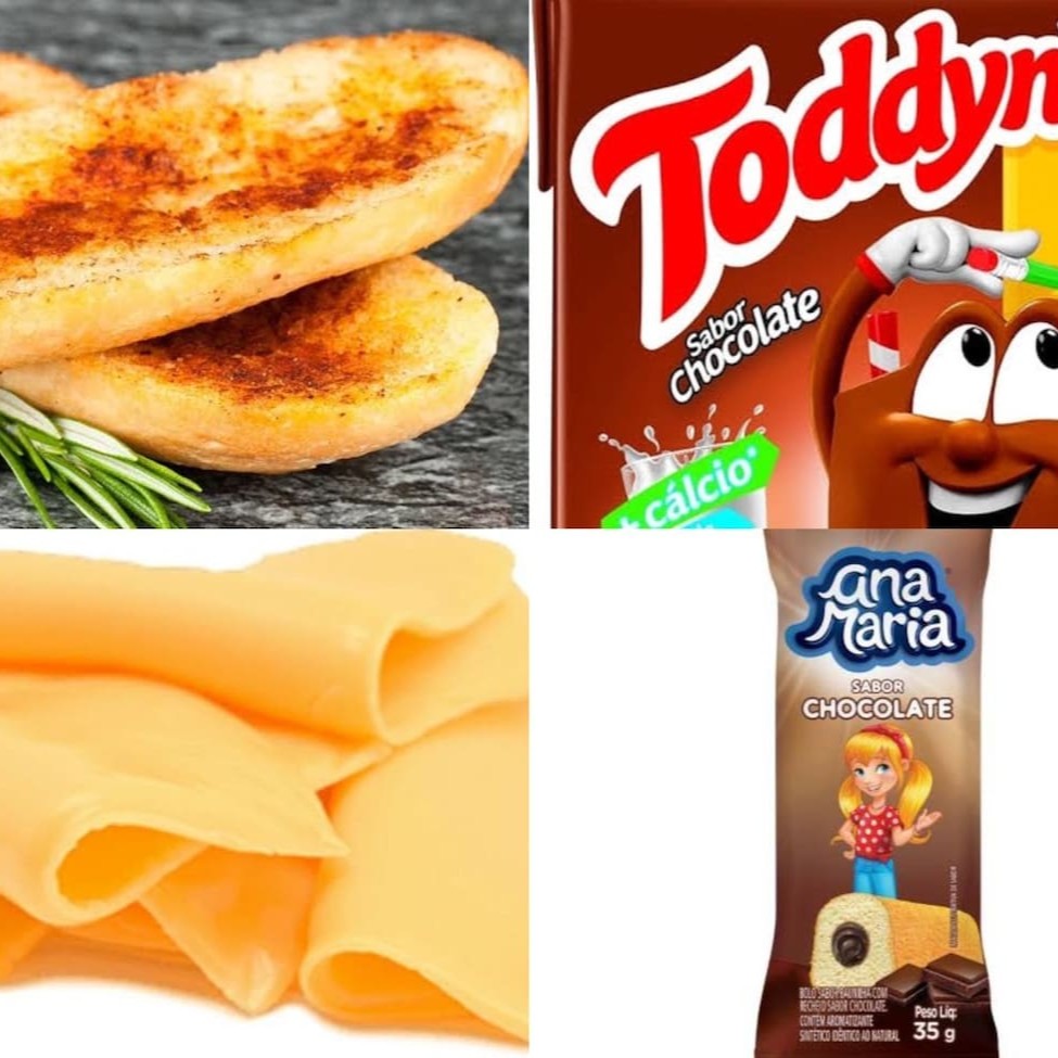 Pão na chapa + 2 fatias de queijo prato + Toddynho + Ana Maria com 2 unidades de bolinho sabor chocolate 70g
