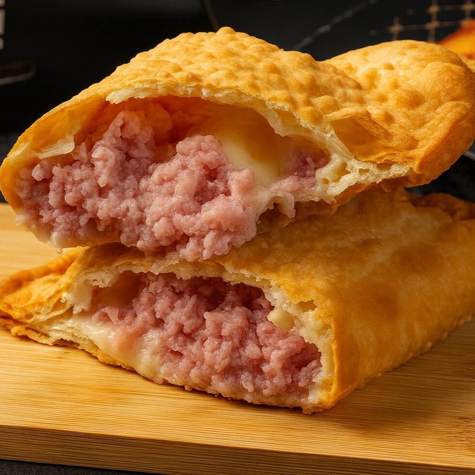 Delicioso pastel sequinho e crocante, com muito queijo mussarela, presunto, tomate e orégano.  Pastel com aproximadamente 19cm.