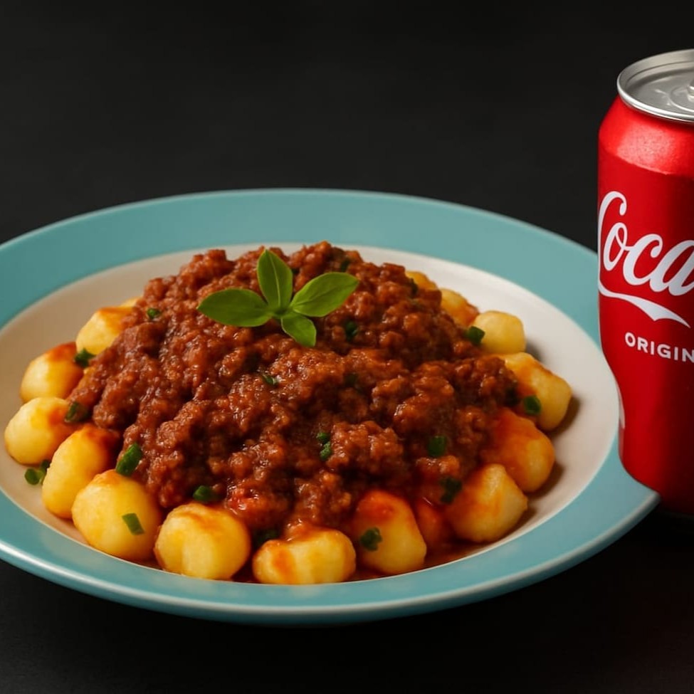 Nosso nhoque artesanal de aipim servido com um clássico molho à bolonhesa feito com carne moída bovina, molho de tomate e temperinhos, finalizado com mussarela e salsinha fresca + 1 Coca Cola Lata