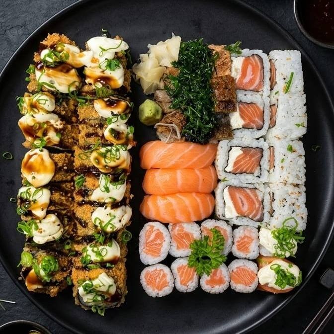 São 6 peças de filadélfia Salmão + 6 peças de uramaki Salmão + 2 Sushi de Salmão + 4 Sushi Skin + 2 Joe tradicional + 24 Hot Filadélfia de Salmão com topping de cream chesse e teriaky