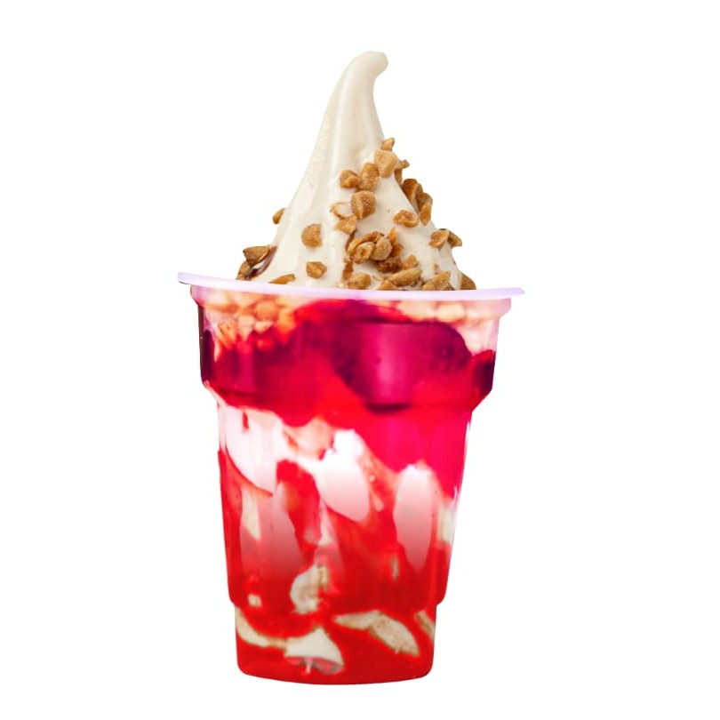 Sorvete de baunilha , com deliciosa calda de frutas vermelhas e amendoim por cima  ( opcional ).