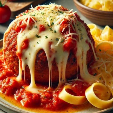 Polpetone recheado com mozzarella, empanado e coberto com molho sugo caseiro e parmesão gratinado, servido com fettuccine na manteiga al dente   Comida Italiana, Massas Artesanais, Culinária Italiana, Penne, Espaguete, Gnocchi, Risoto De Salmão, Polenta Italiana, Frango Parmegiana, Salmão Grelhado, Bruschetta Italiana, Batata Frita Crocante, Coca Cola, Guaraná Antártica, Entrega Gratis.