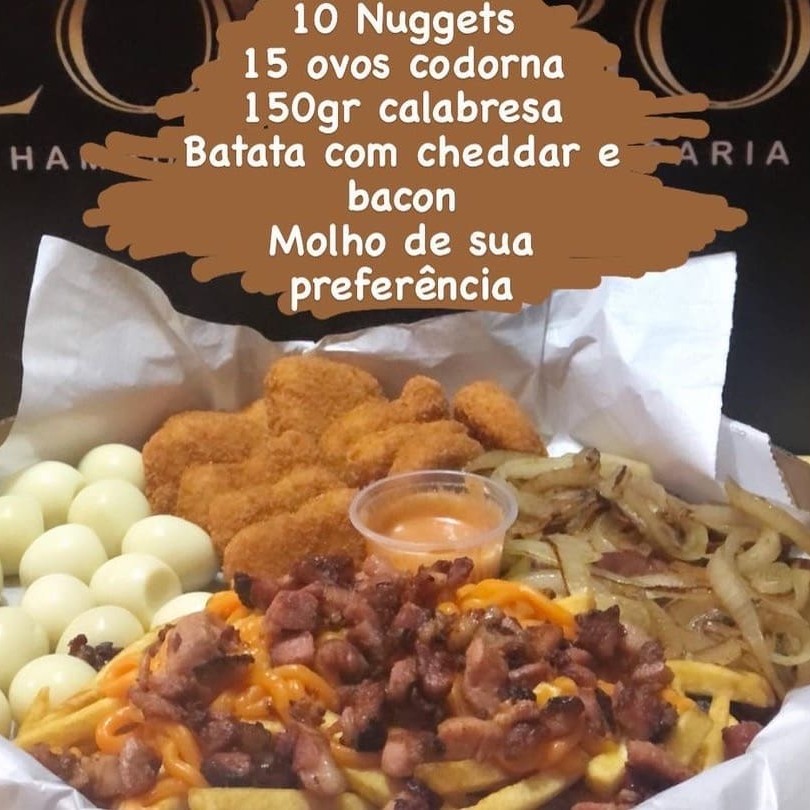 10 Nuggets  15 ovos codorna  150gr calabresa  Batata com cheddar e bacon  Molho de sua preferência