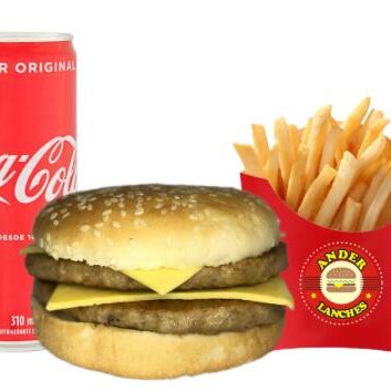 Pão comum, 2 carnes e 2 queijos prato + Coca cola lata e batata frita.