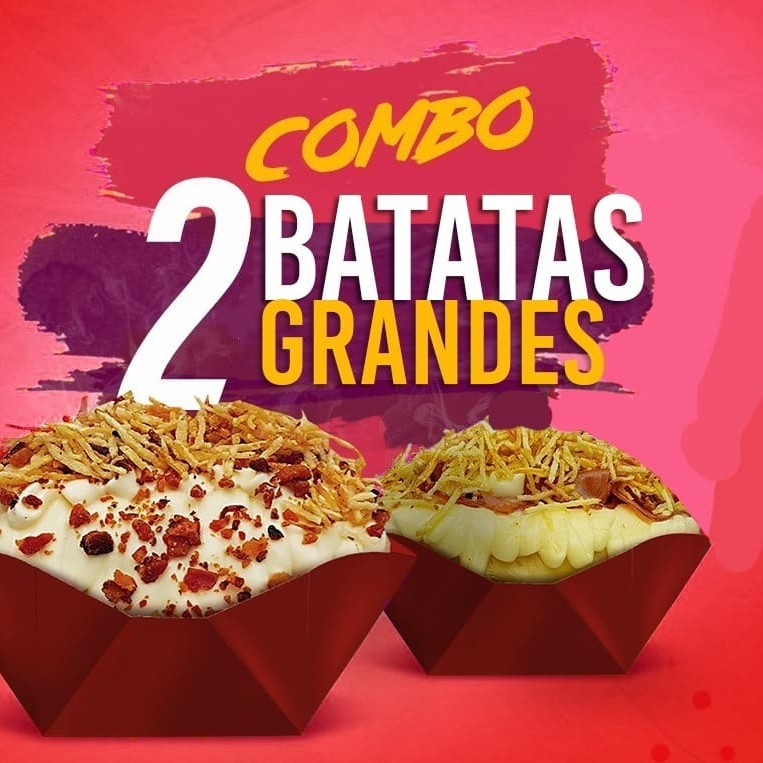 Nesse combo, você escolhe duas batatas recheadas, as melhores opções para você, entre Frango com Catupiry, Calabresa com Queijo, Strogonoff, Super Bauru, Brocolis ou Três Queijos.