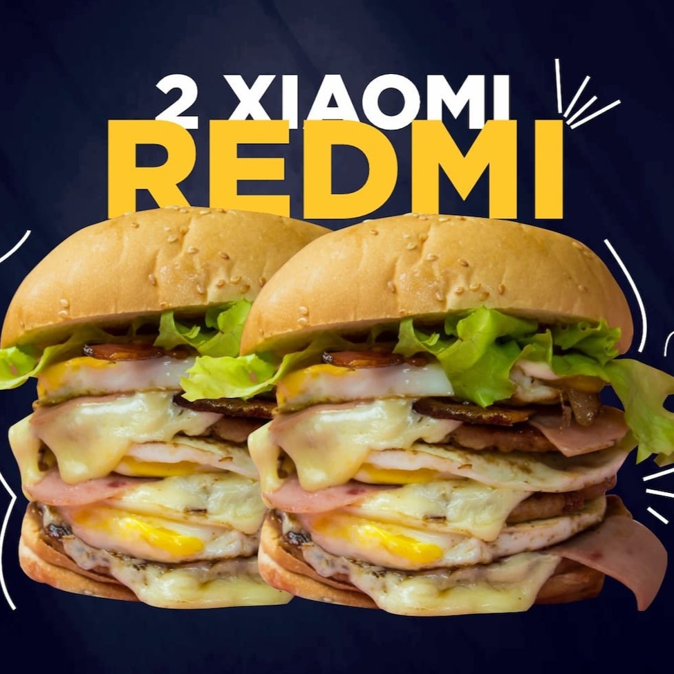 2 Redmi,  Descrição Do Lanche: 3 Carnes, 1 Ovo, Queijo E Presunto, Bacon Picado, Salada, Barbecue, Molho Verde, Katchup E Mostarda, Num Pao Delicioso