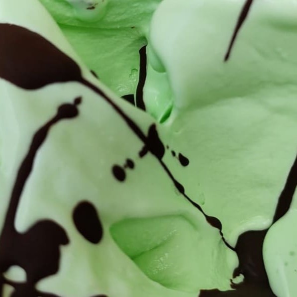 Sorvete artesanal de menta mesclado com calda de chocolate meio amargo para você se refrescar