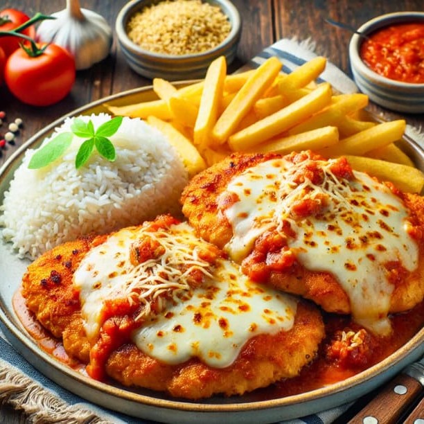 Rango à parmegiana servido com arroz branco soltinho e purê de batatas cremoso. Um clássico saboroso que conquista pelo conforto e tradição!  Comida Italiana, Massas Artesanais, Culinária Italiana, Penne, Espaguete, Gnocchi, Risoto De Salmão, Polenta Italiana, Frango Parmegiana, Salmão Grelhado, Batata Frita, Coca Cola, Guaraná Antártica, Entrega Gratis.