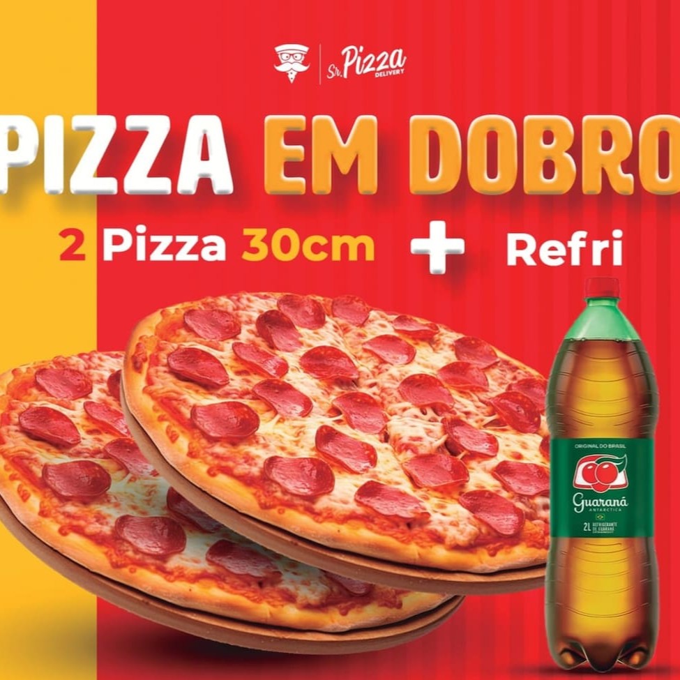 Quando a fome é dupla, o Sr Pizza dobra a diversão: 2 pizzas médias 30 cm (sabor livre) + refrigerante. Perfeito pra dividir (ou não contar pra ninguém).